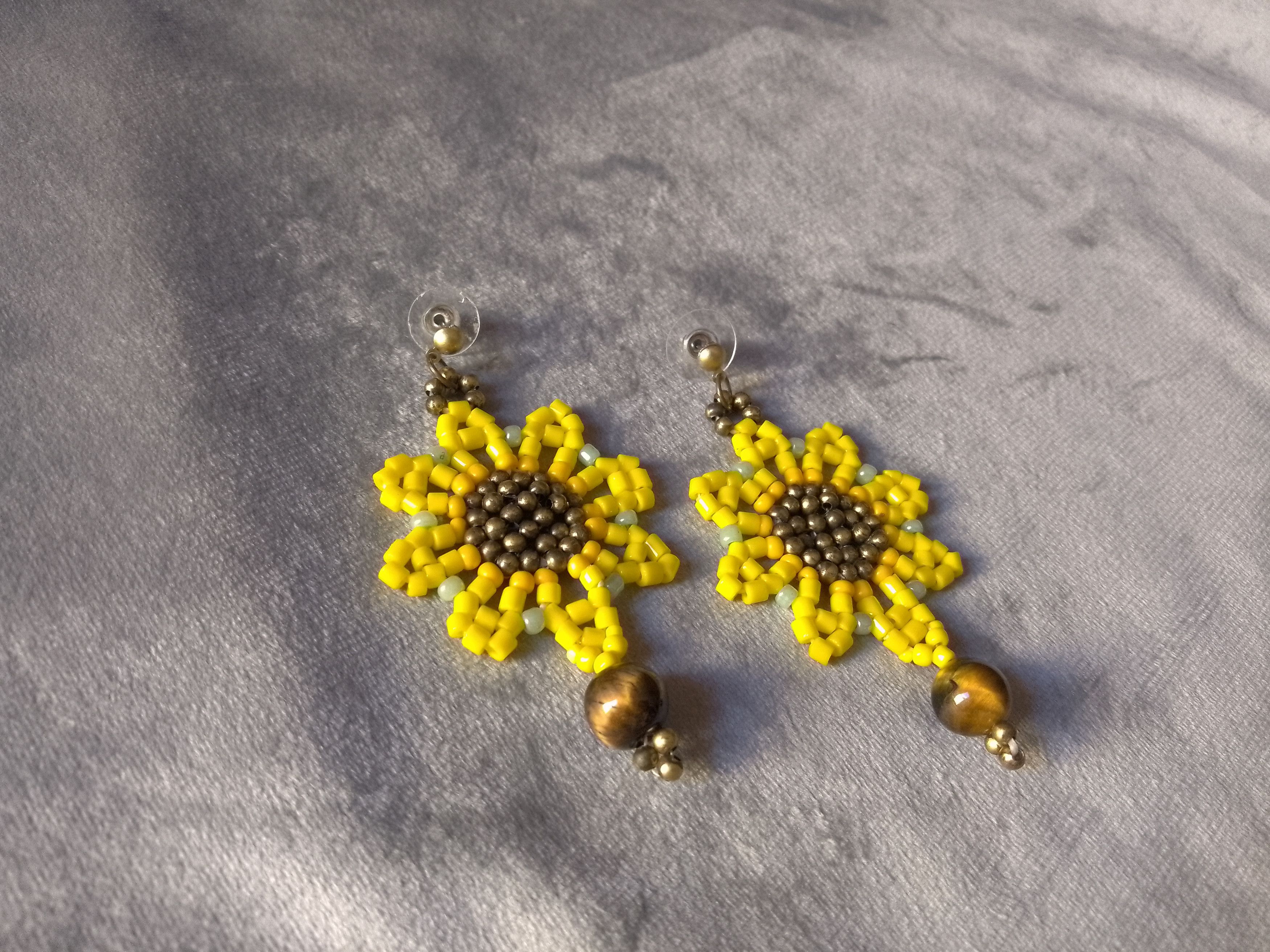 Handmade Earrings Sunflower Boho Eye of Tiger Gemstones Size ONE SIZE - 3 Thumbnail