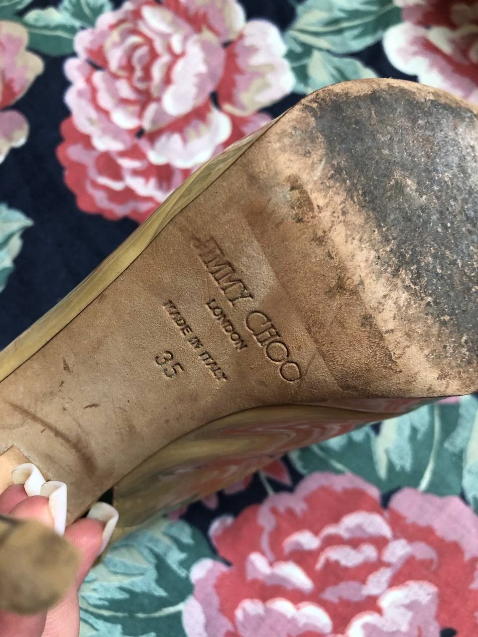 Jimmy Choo Jimmy Choo Womens Patent Leather Peep Toe Heel Pumps Beige Size US 5 / IT 35 - 3 Thumbnail