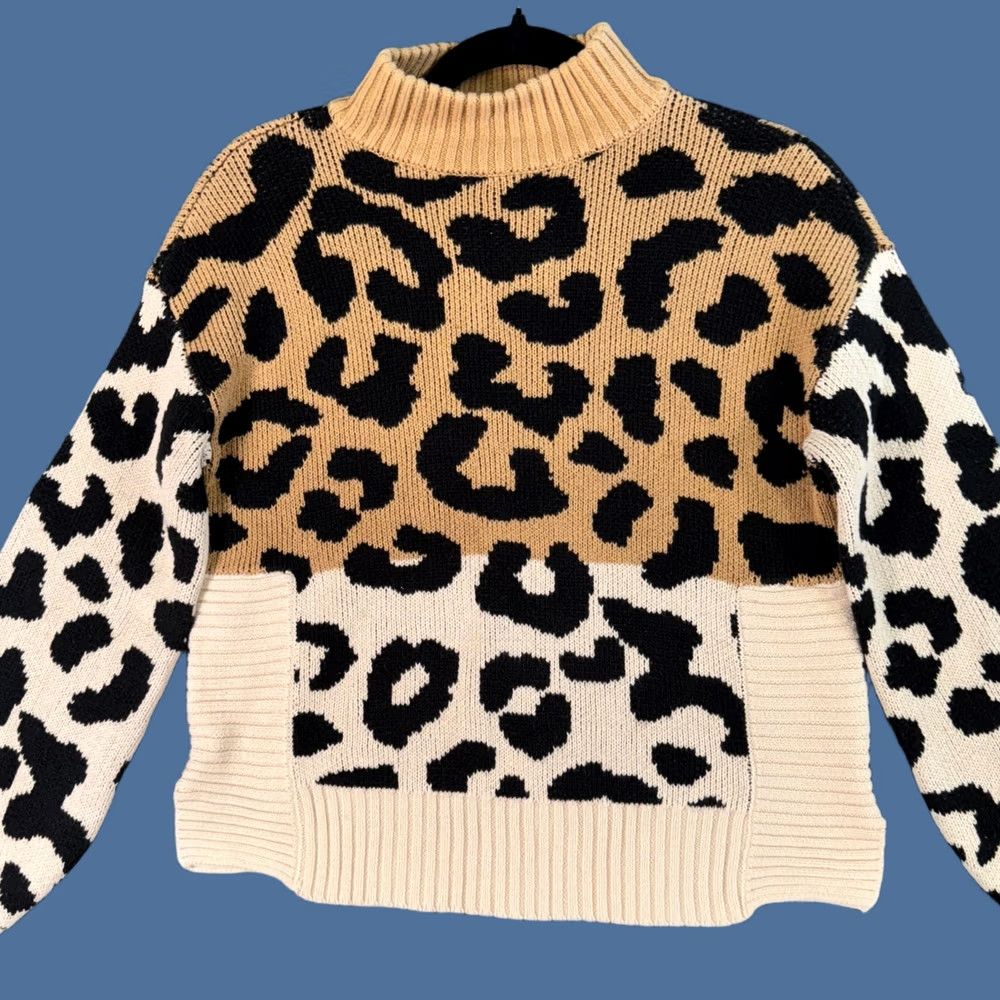 Nine West Nine West Womens M Leopard Print Mock Neck Sweater Knit Pullover Statement Top Size M / US 6-8 / IT 42-44 - 1 Thumbnail