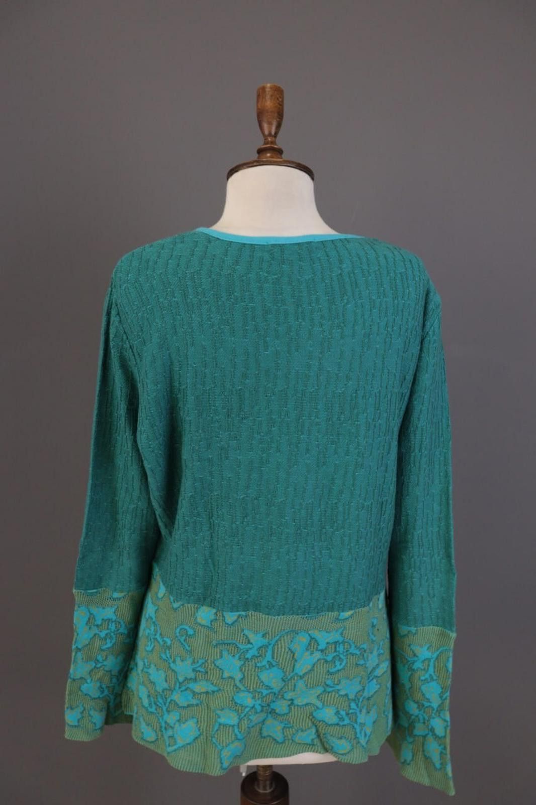 Designer Dunoue Green V-Neck Floral Knit Sweater Size XL Size XL / US 12-14 / IT 48-50 - 8 Thumbnail