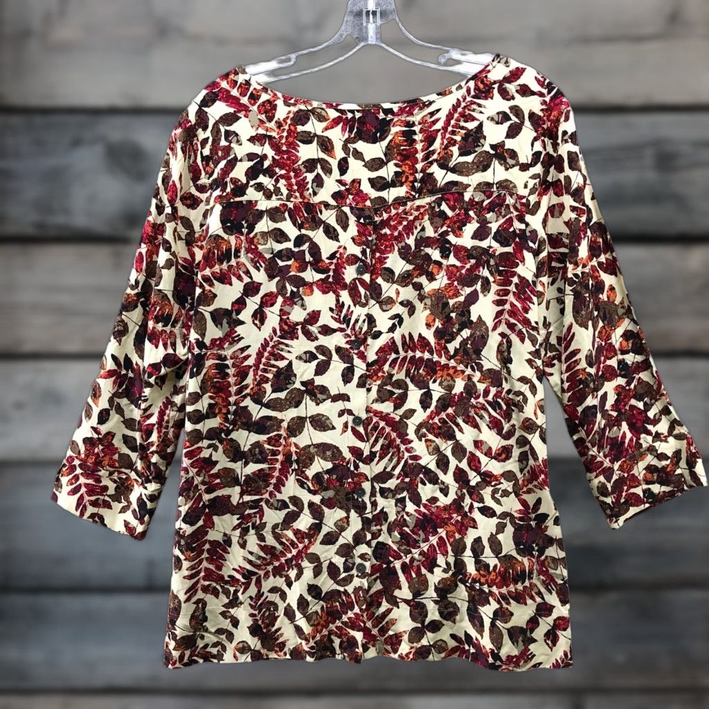 J. Jill J. Jill Fall Leaf Print Top Womens S Boat Neck Rayon Beige Brown Red 3/4 Sleeve Size S / US 4 / IT 40 - 1 Thumbnail