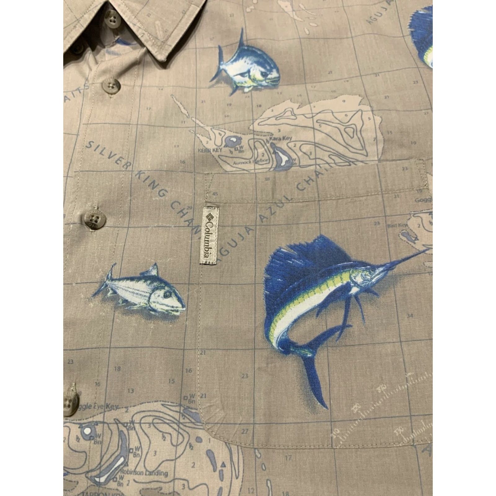 Vintage Columbia River Lodge Shirt Adult Men XL Beige Short Sleeve Button-Down Cotton Classic Outdoor Fish Pattern Size US XL / EU 56 / 4 - 3 Thumbnail