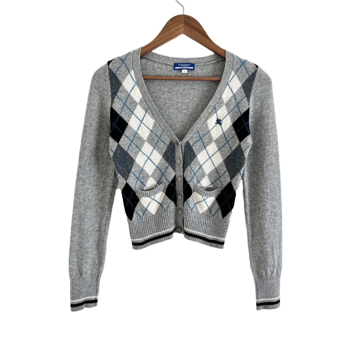 Image of Burberry Argyle Logo Embroidered Crop Cardigan Grey Wool Cashmere, Women's (Size Small)