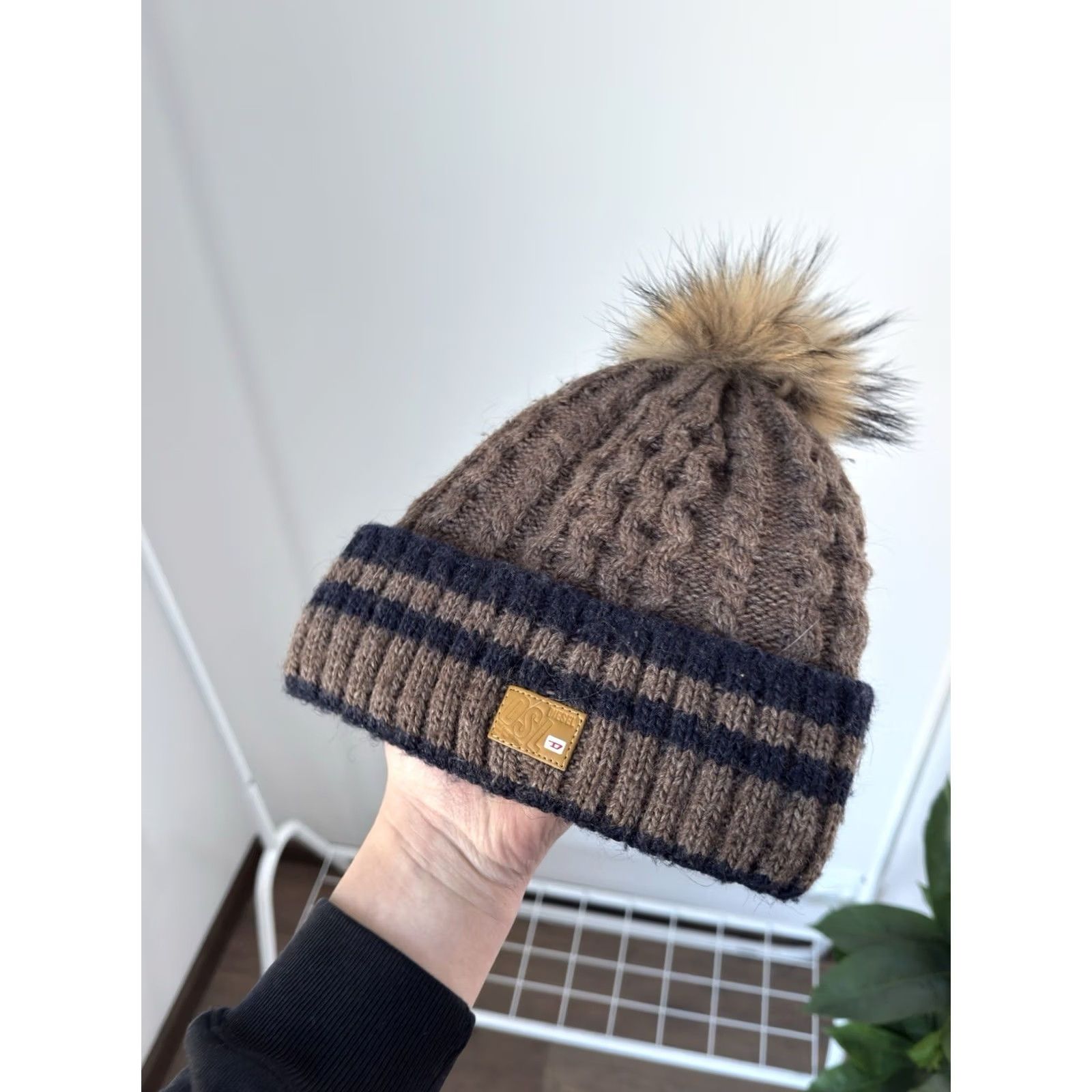 Diesel VINTAGE Diesel Beanie Hat One Size Knit Ribbed Pom Pom Y2K Brown Mens Hat 90s City USA Diesel Big Logo Reversible Lightweight Breathable Size ONE SIZE - 3 Thumbnail