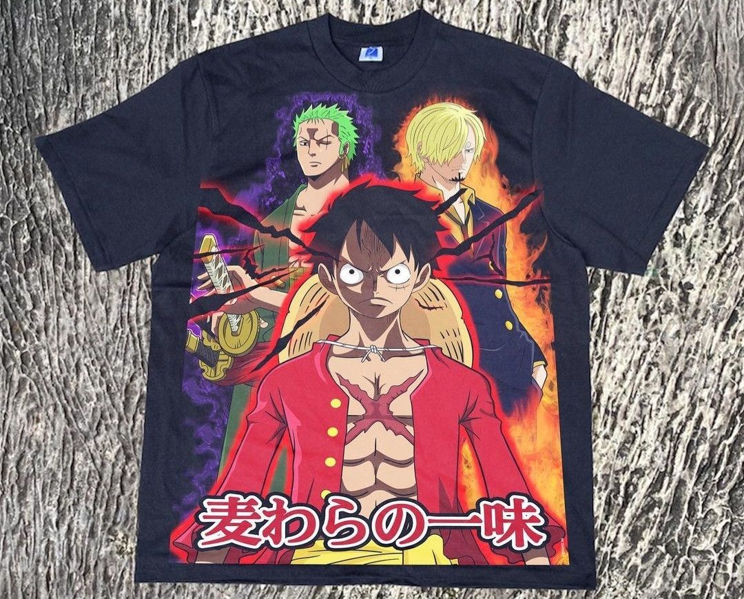 image of Vintage Anime One Piece All Members Mugiwara Pirates in Black, Men's (Size XL)
