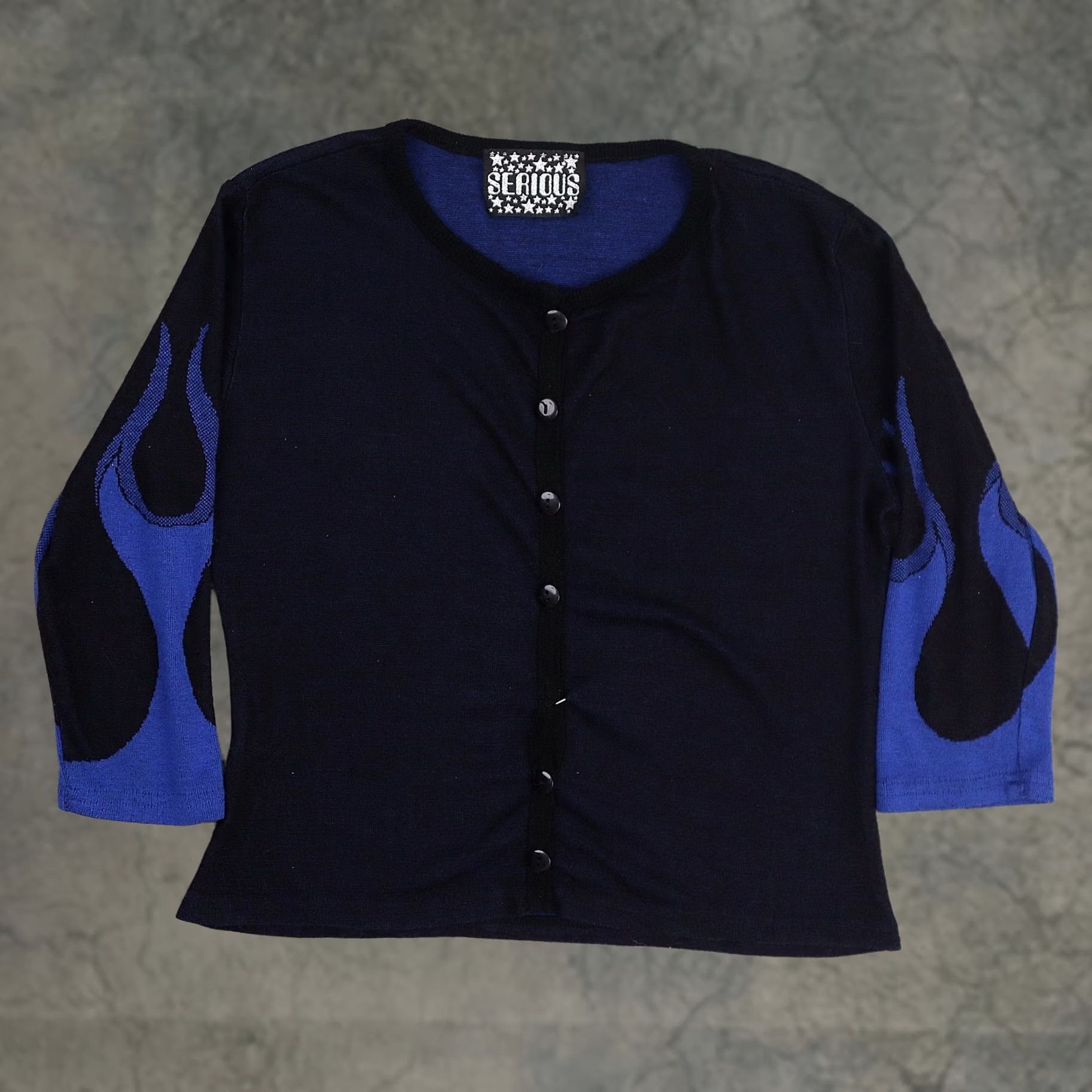 Vintage VINTAGE Y2K Black Blue Flames Cardigan Sweater Small Long Sleeve Button-Up Women Size S / US 4 / IT 40 - 1 Thumbnail