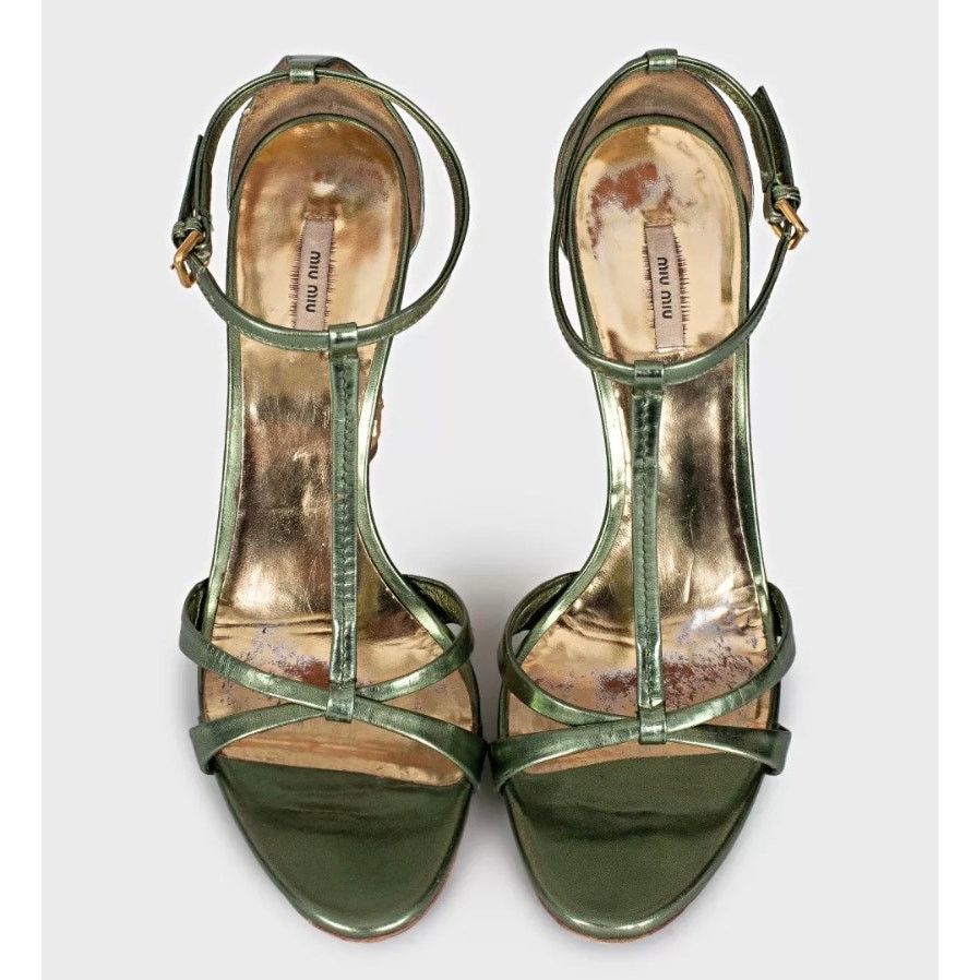 Miu Miu Miu Miu Green Leather Crystal Block Heel Sandals Sz 37.5 Size US 7.5 / IT 37.5 - 2 Thumbnail