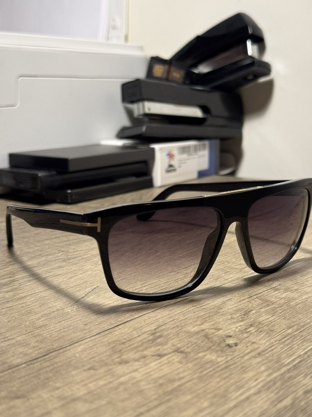 Tom Ford Black Acetate Square Sunglasses w/ Gold T-Temple
