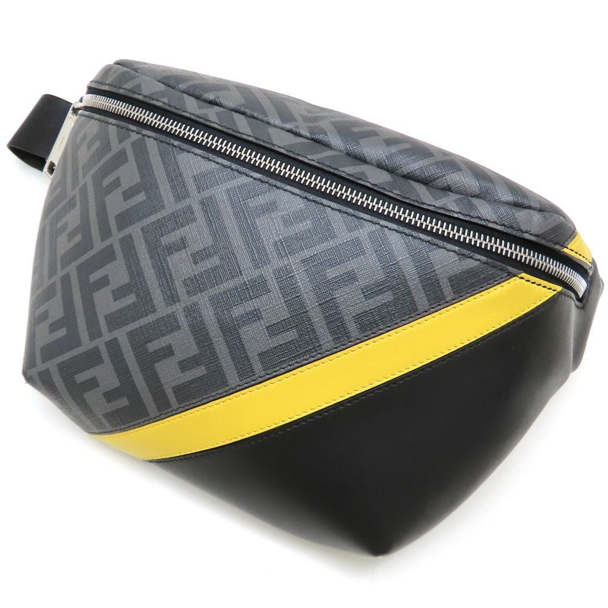 FENDI Diagonal Belt Bag 7V34 Body Coated Canvas x Calfskin Black Gray Yellow 352589