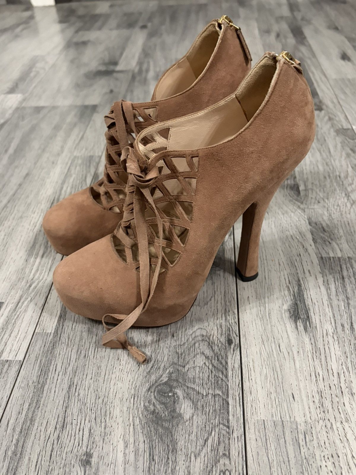 Prada Prada Tan Suede Lace-Up High Heel Booties Size US 7 / IT 37 - 4 Thumbnail
