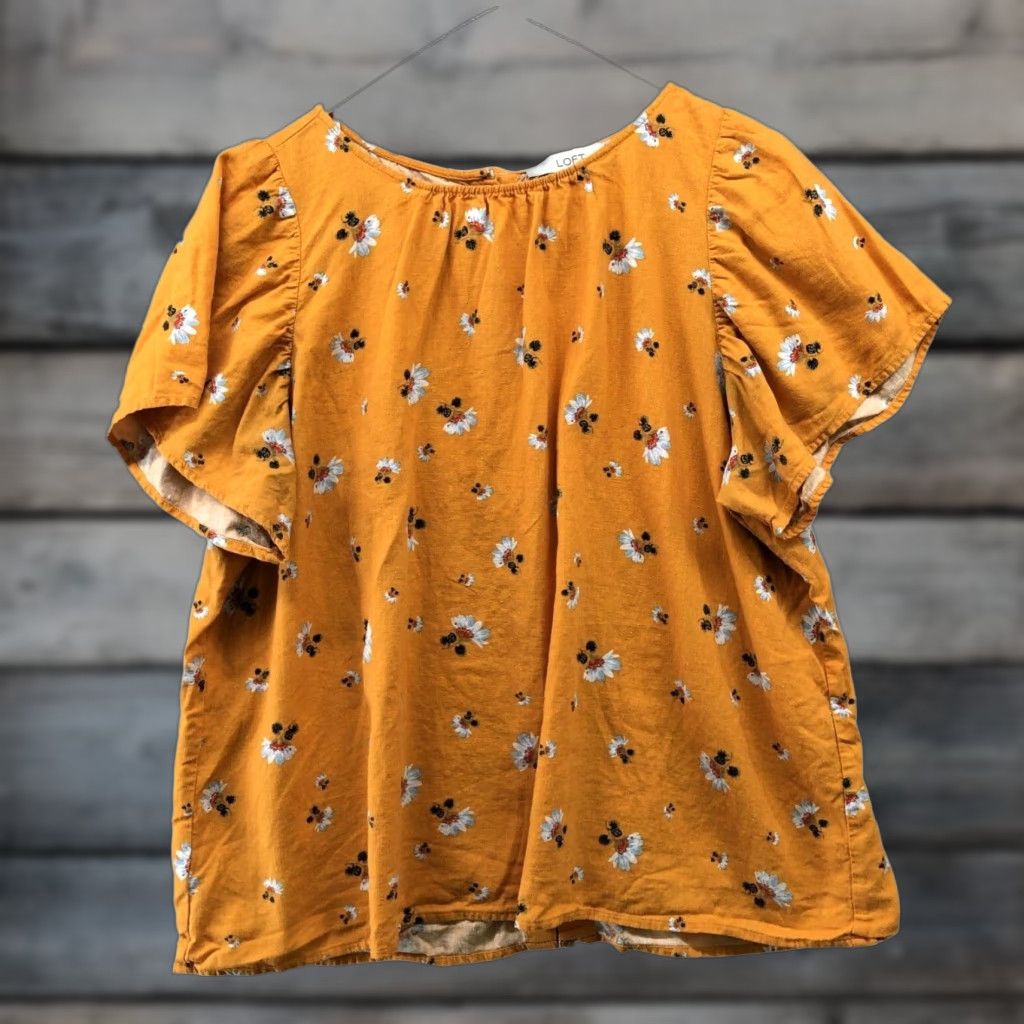 Loft LOFT Womens Blouse Mustard Yellow Floral Linen Blend Extra Large XL Short Sleeve Size L / US 10 / IT 46 - 1 Thumbnail