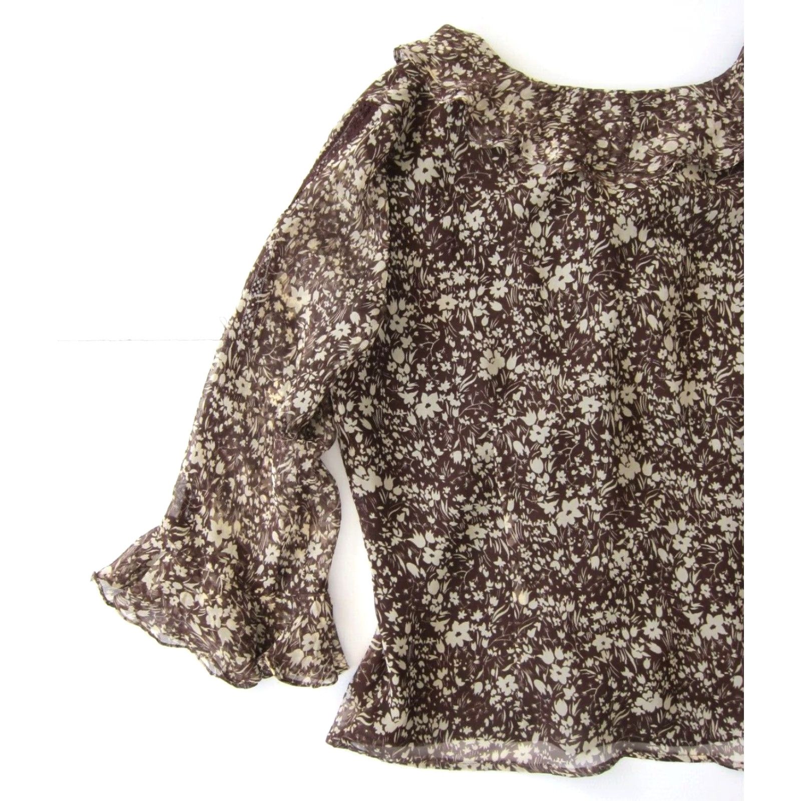 Vintage Richard Malcolm 100% Silk Ivory Brown Floral Ruffle Button Down Blouse Small Size S / US 4 / IT 40 - 5 Thumbnail