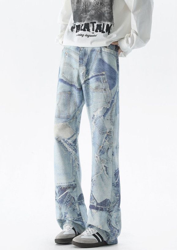 Japanese Brand Wide-leg men's loose blue printed American baggy jeans Size US 32 / EU 48 - 1 Thumbnail