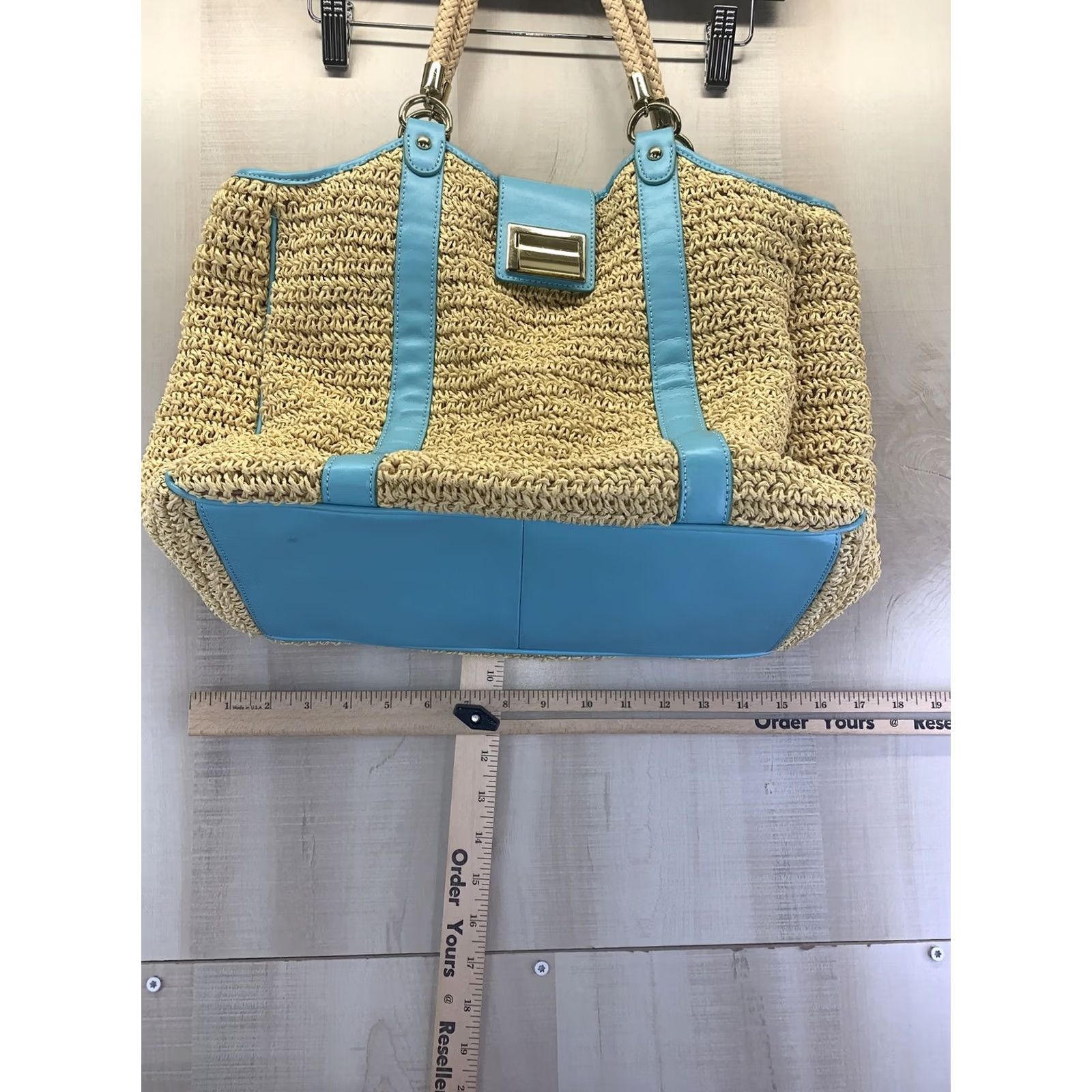 Talbots VINTAGE Talbots Paper Straw Woven Bag Shoulder Bag Womens Teal Blue Leather Trim Gold Accents Size ONE SIZE - 3 Thumbnail