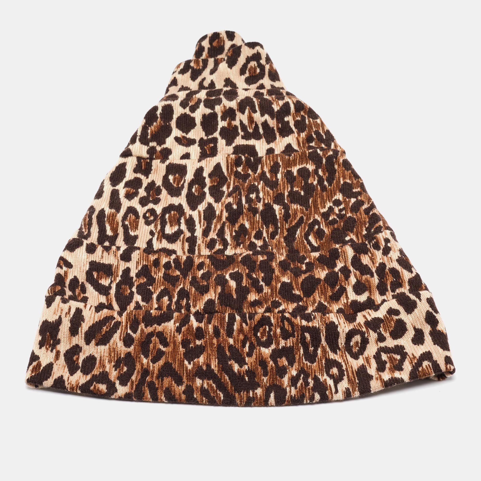 image of Dolce Gabbana Brown Leopard Pattern Cashmere Tiered Beanie Hat Size 57, Women's