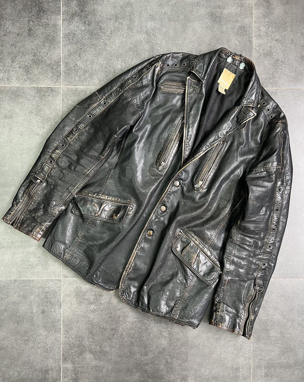 Diesel Vintage 90s Diesel crazy faded Leather moto coat jacket Size US XL / EU 56 / 4 - 4 Thumbnail