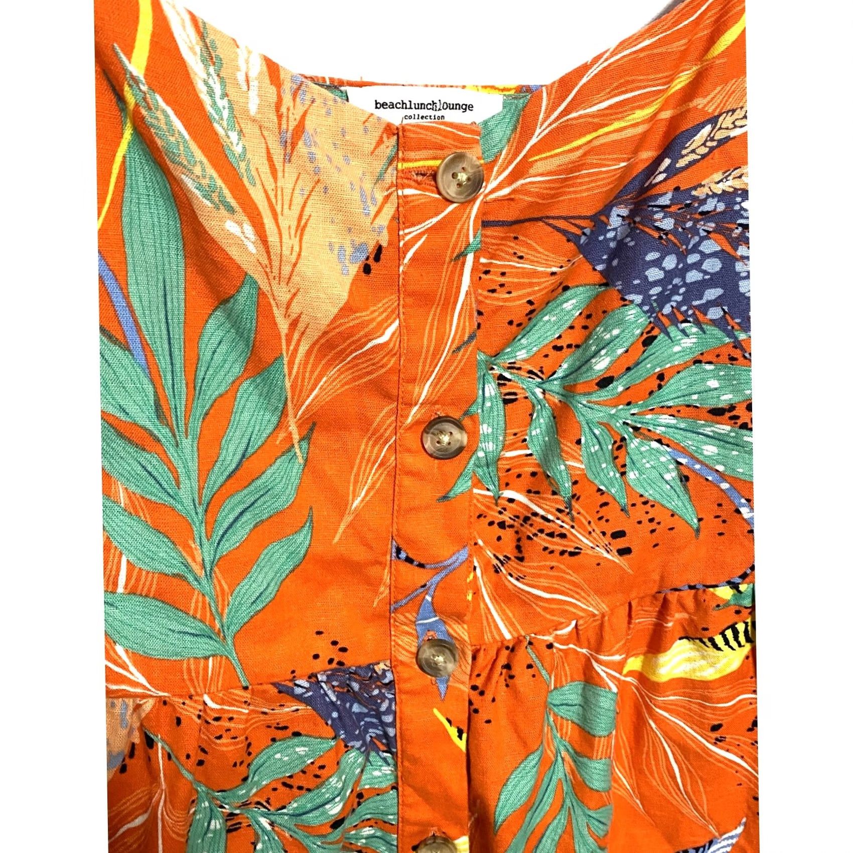 Vintage BeachLunchLounge Dress L Sleeveless Button Front Floral A-Line Beach Tropical Hawaiian Womens Short 38" Cotton Linen Rayon Orange Size L / US 10 / IT 46 - 2 Thumbnail