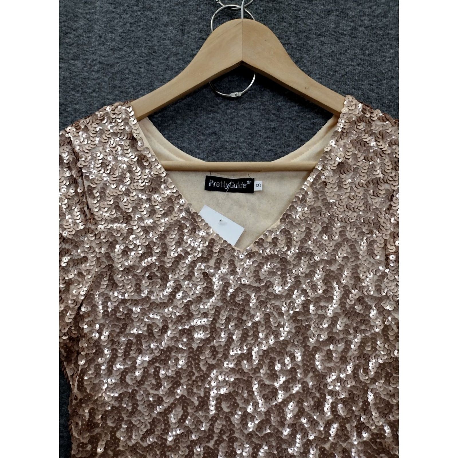 Vintage Pretty Guide Gold Sequin Mini Dress V-Neck Short Sleeve Party Formal Women S Dress Size 28" / US 6 / IT 42 - 3 Thumbnail