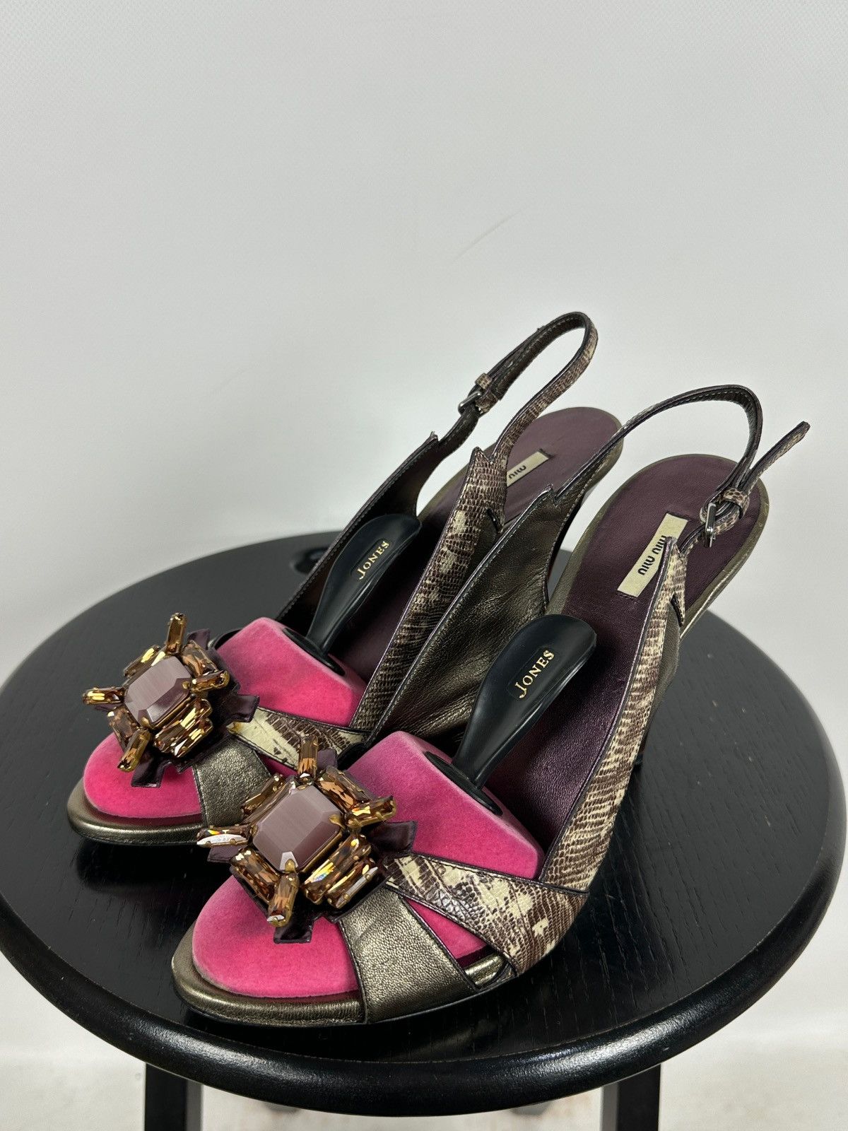 Miu Miu Miu Miu Leather Snakeskin Jewel Slingback Sandals Heels Size US 10 / IT 40 - 2 Thumbnail