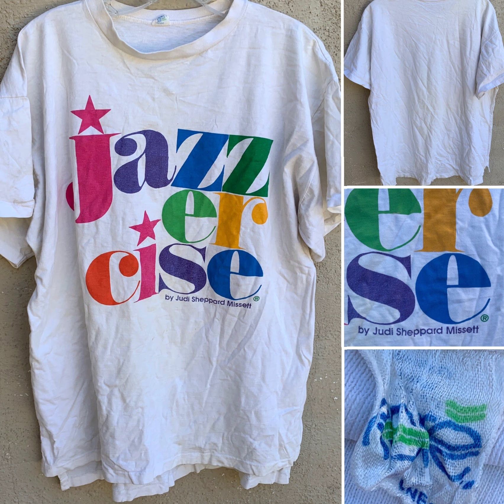 Vintage VINTAGE Jazzercise T-Shirt 80s 1980s One Size USA Alore White 100% Cotton Graphic Sportswear/Beach Men’s Women’s? Size ONE SIZE - 5 Thumbnail