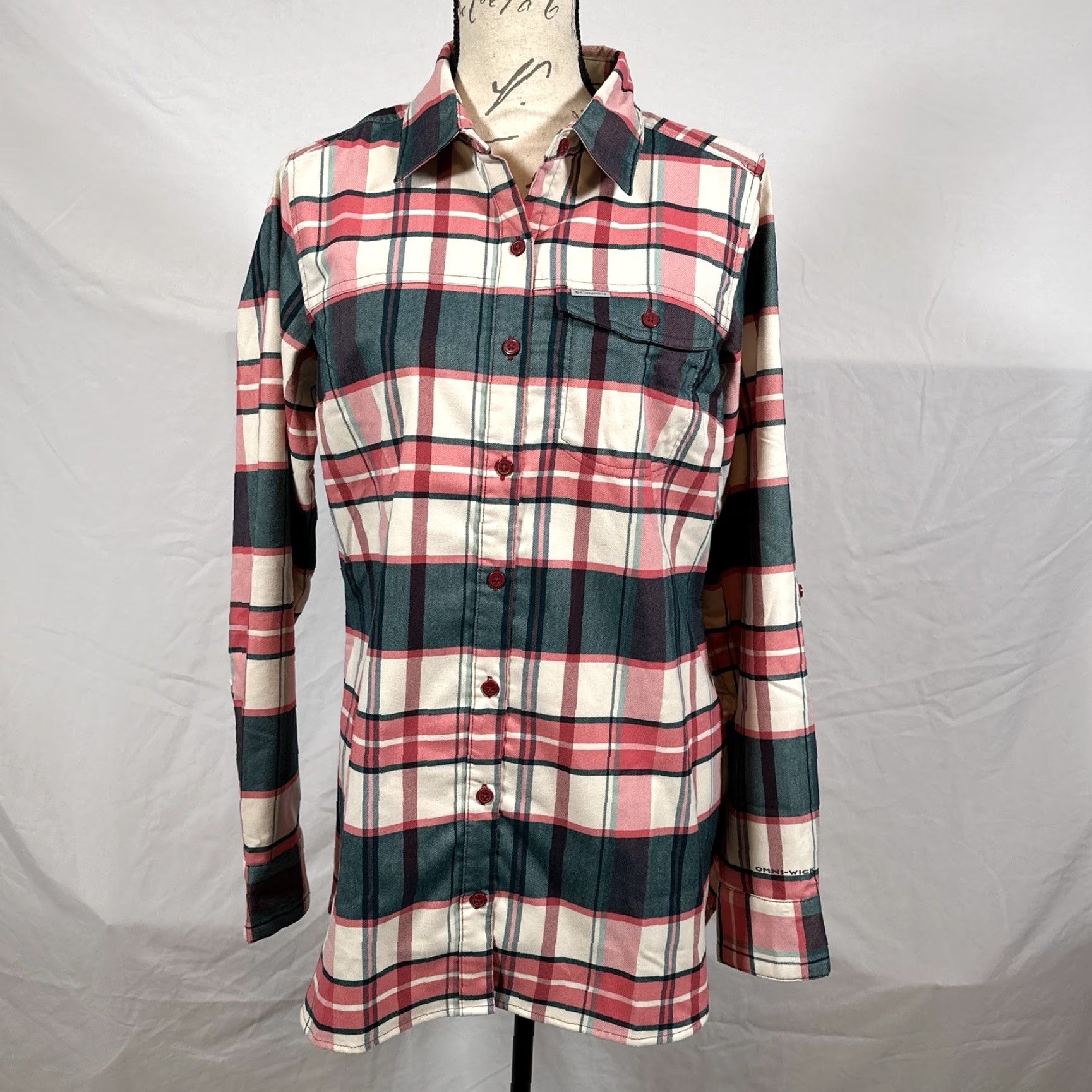 Pinko Columbia Tunic Womens Medium Silver Ridge 2 Pink Green Plaid Flannel Top Button-Up Casual Travel Workwear All Seasons Breathable Pockets Pocket Phone Size M / US 6-8 / IT 42-44 - 2 Thumbnail