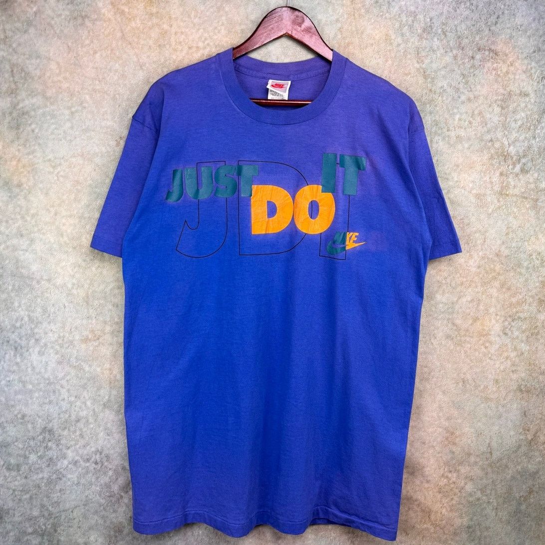 Nike × Vintage Vintage 80s Nike T Shirt Sz XL Blue Just Do It Gray Tag Size US XL / EU 56 / 4 - 1 Thumbnail
