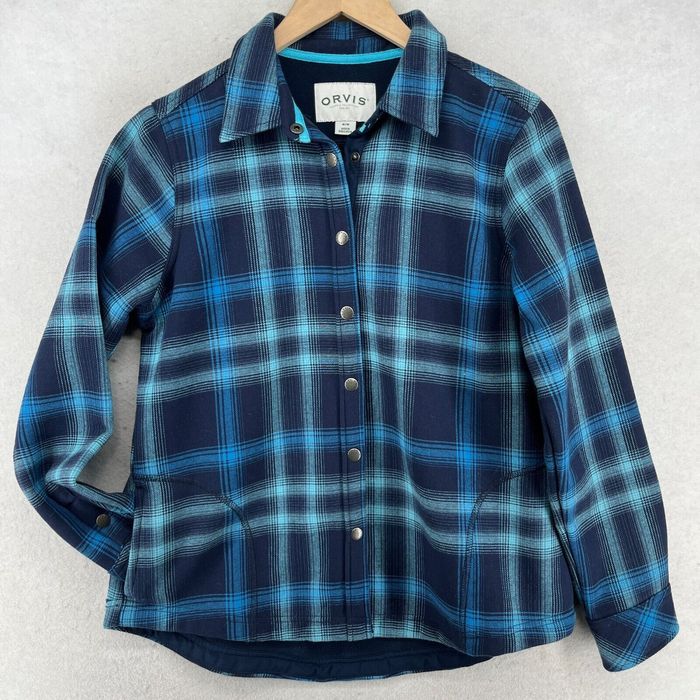 Orvis ORVIS Jacket Womens M Fleece Lined Flannel Plaid Snap Front Long ...