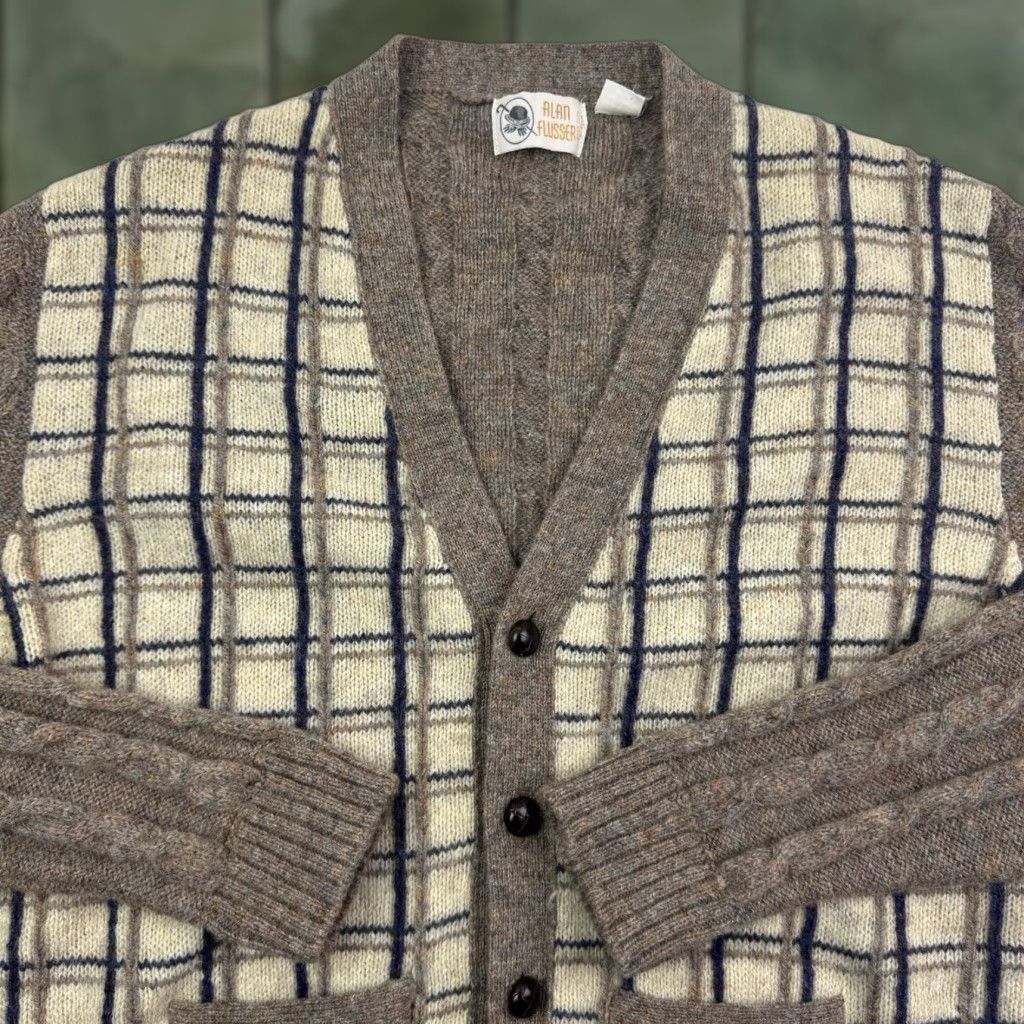 VINTAGE Alan Flusser Cardigan Sweater Mens Large Brown Plaid Wool 80s 90s