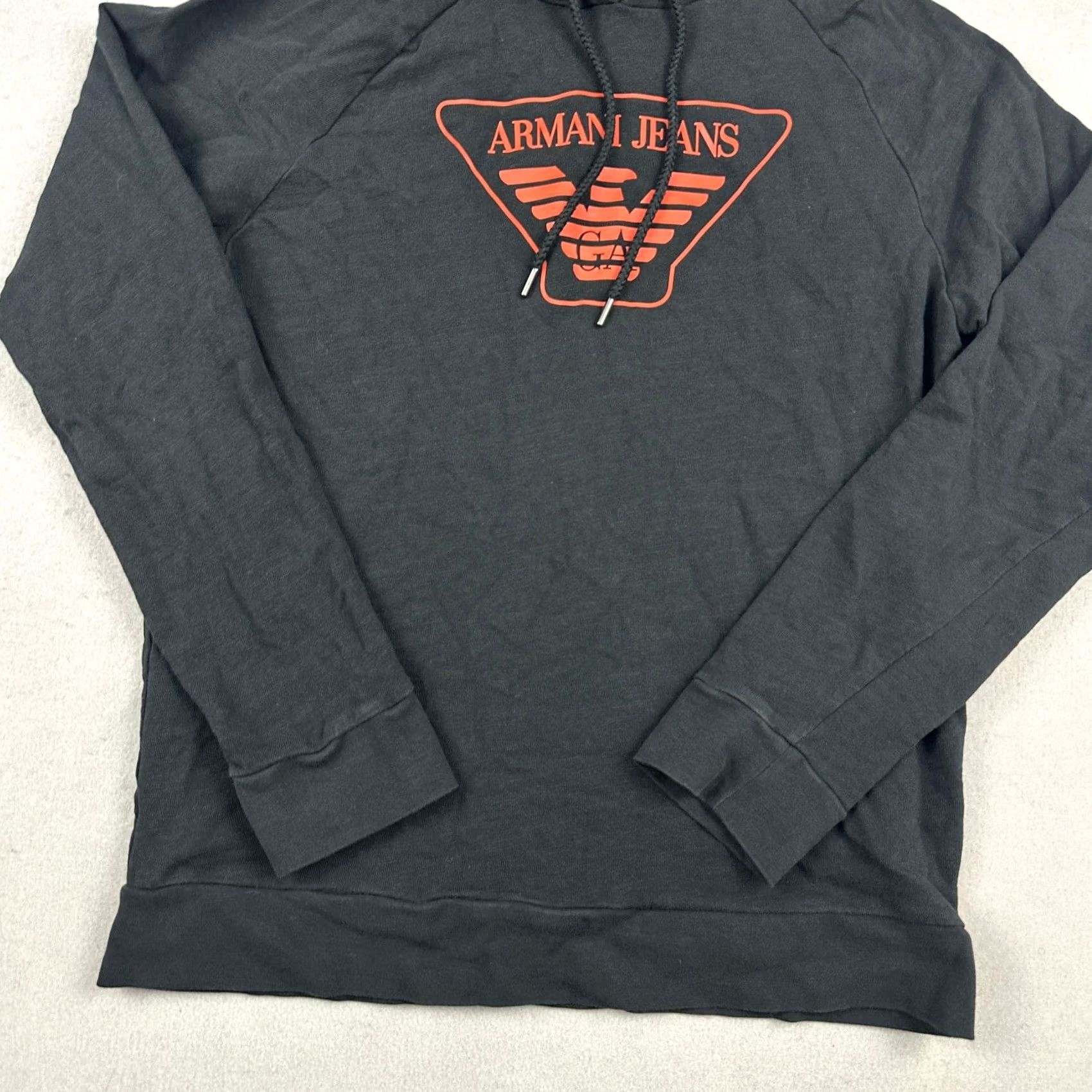 Vintage Armani Jeans Hoodie Men Large Black Orange Logo Pullover Lightweight Solid L Size US L / EU 52-54 / 3 - 3 Thumbnail