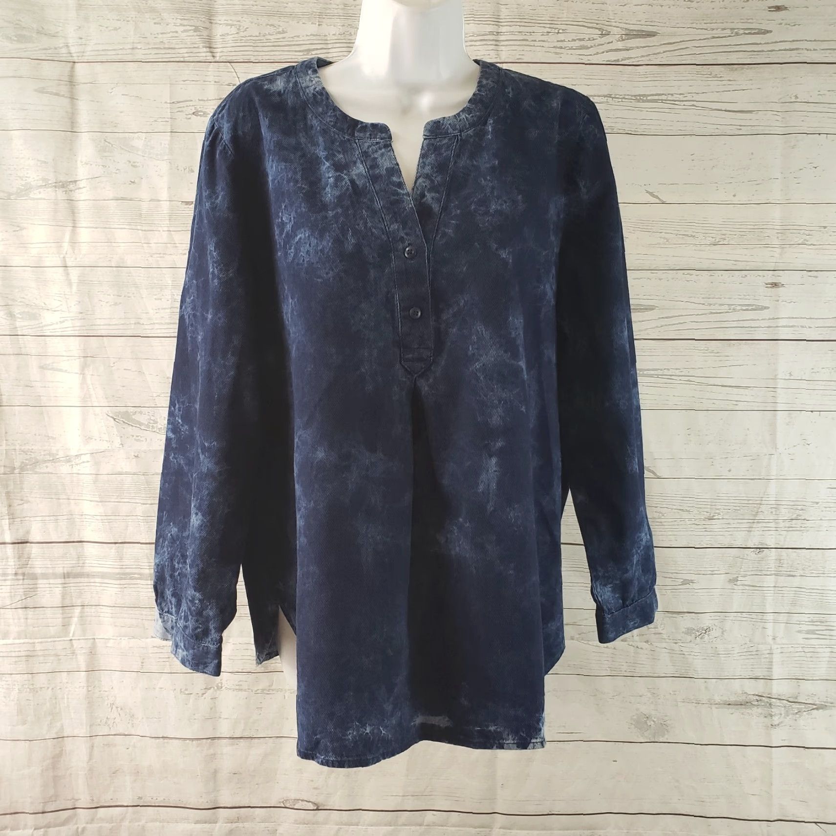 J. Jill PureJill Womens Top Blouse Size PL Large Petite Blue Tie Dye Long Sleeve Cotton Size L / US 10 / IT 46 - 2 Thumbnail