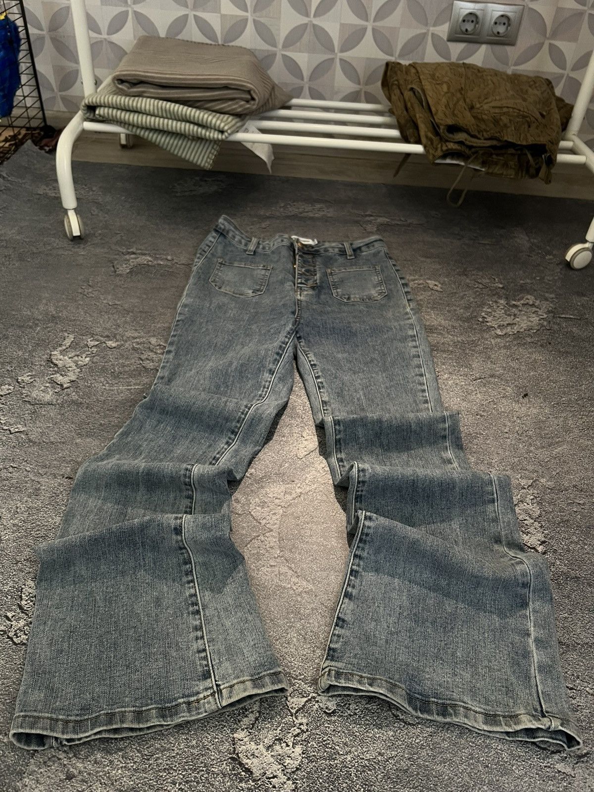 Japanese Brand RARE Archive Flared Destroyed Japanese Swag Jean Y2K Size US 29 - 3 Thumbnail
