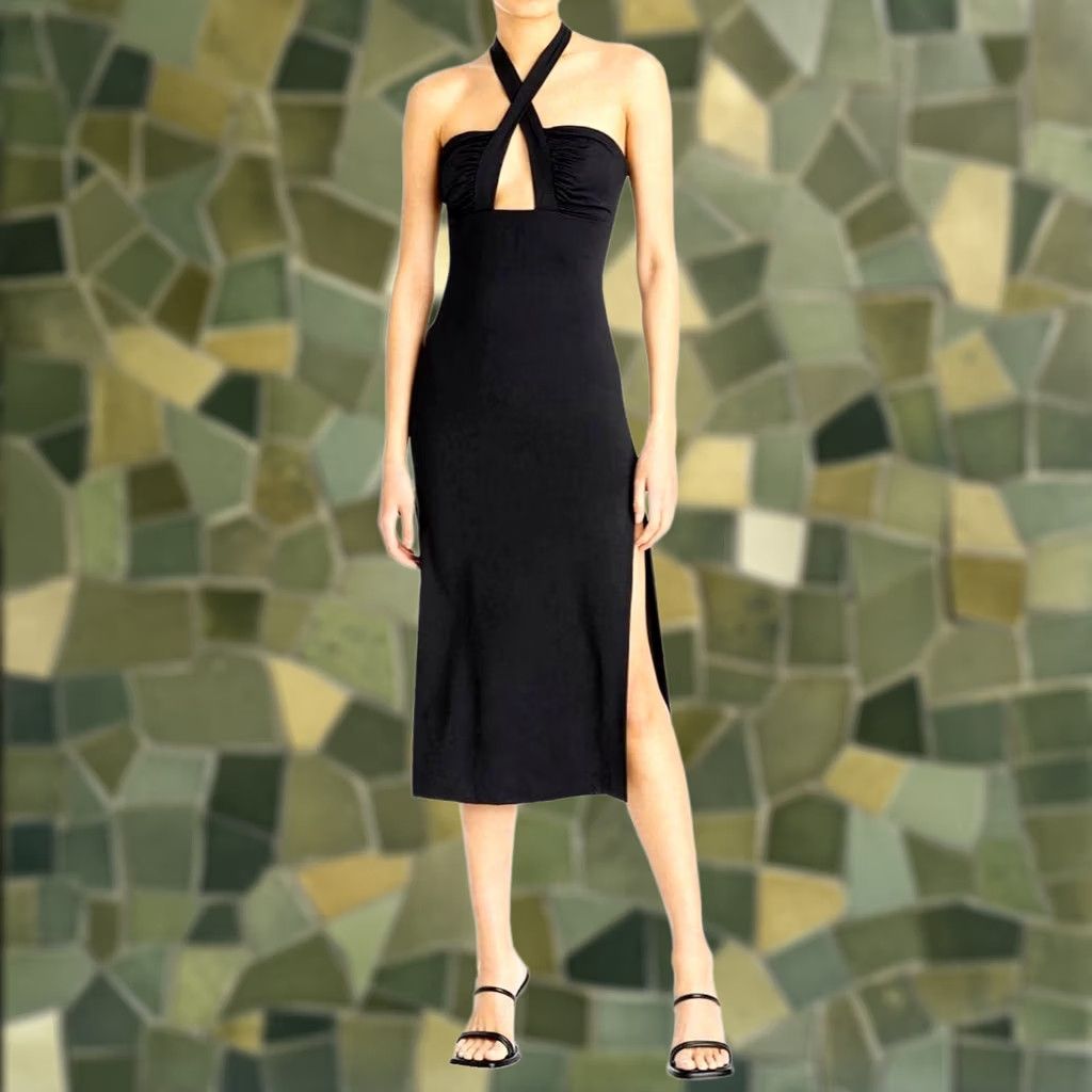 Vintage BARDOT Guilia Midi Dress NWT Black Halter Tie-Neck Side Slit Hidden Back-Zip 6/M Size M / US 6-8 / IT 42-44 - 1 Thumbnail