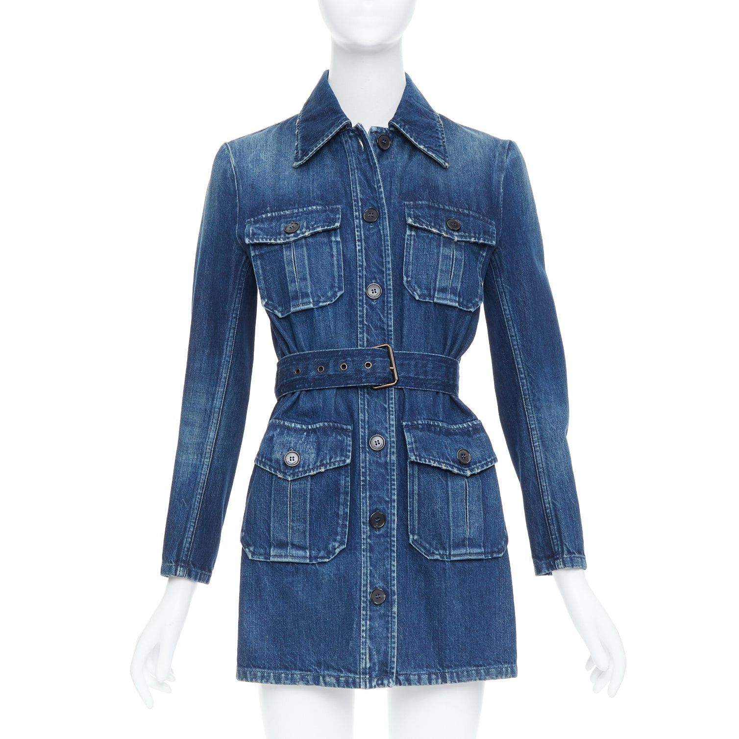 Saint Laurent Paris SAINT LAURENT Saharienne blue indigo washed denim belted safari shirt dress Size XS / US 0-2 / IT 36-38 - 1 Thumbnail
