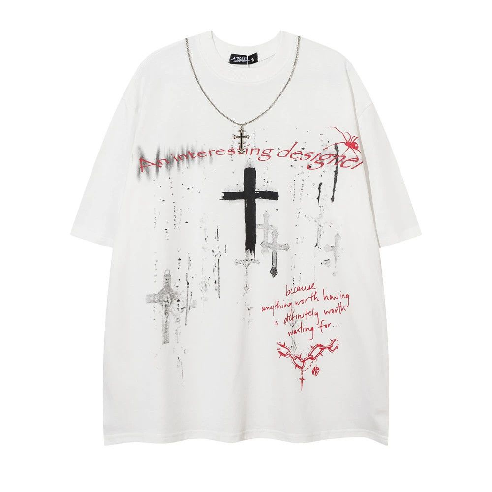 Vintage Men's casual retro washed cross loose necklace T-shirt Size US M / EU 48-50 / 2 - 1 Thumbnail