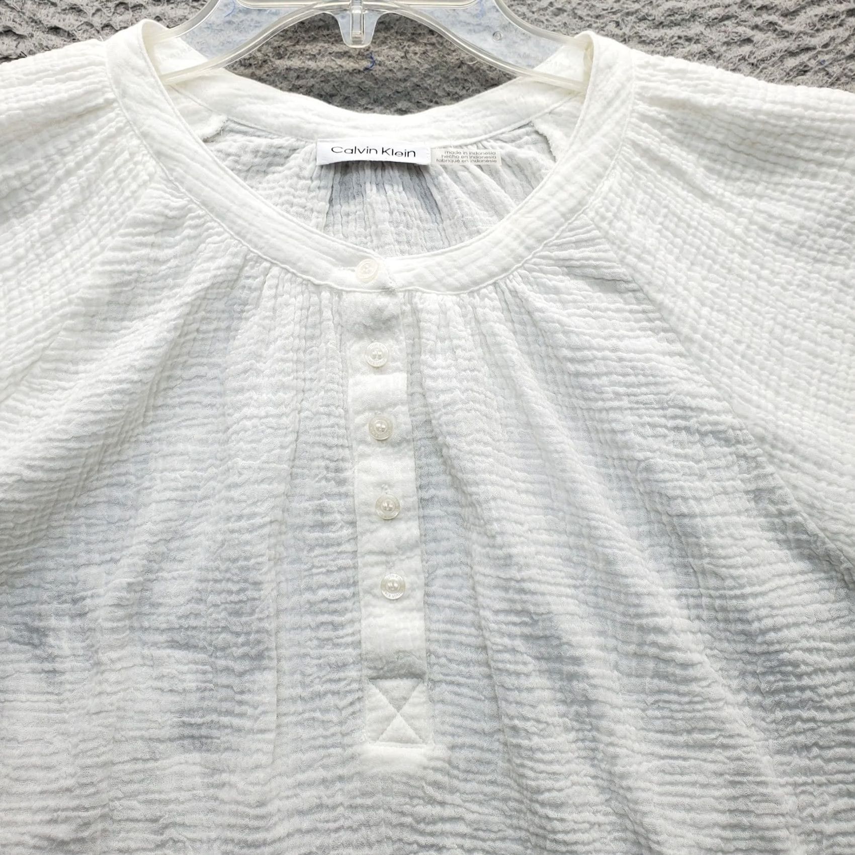 Calvin Klein Calvin Klein Blouse Top Womens L White Puckered Texture Short Sleeve Henley Size L / US 10 / IT 46 - 8 Thumbnail