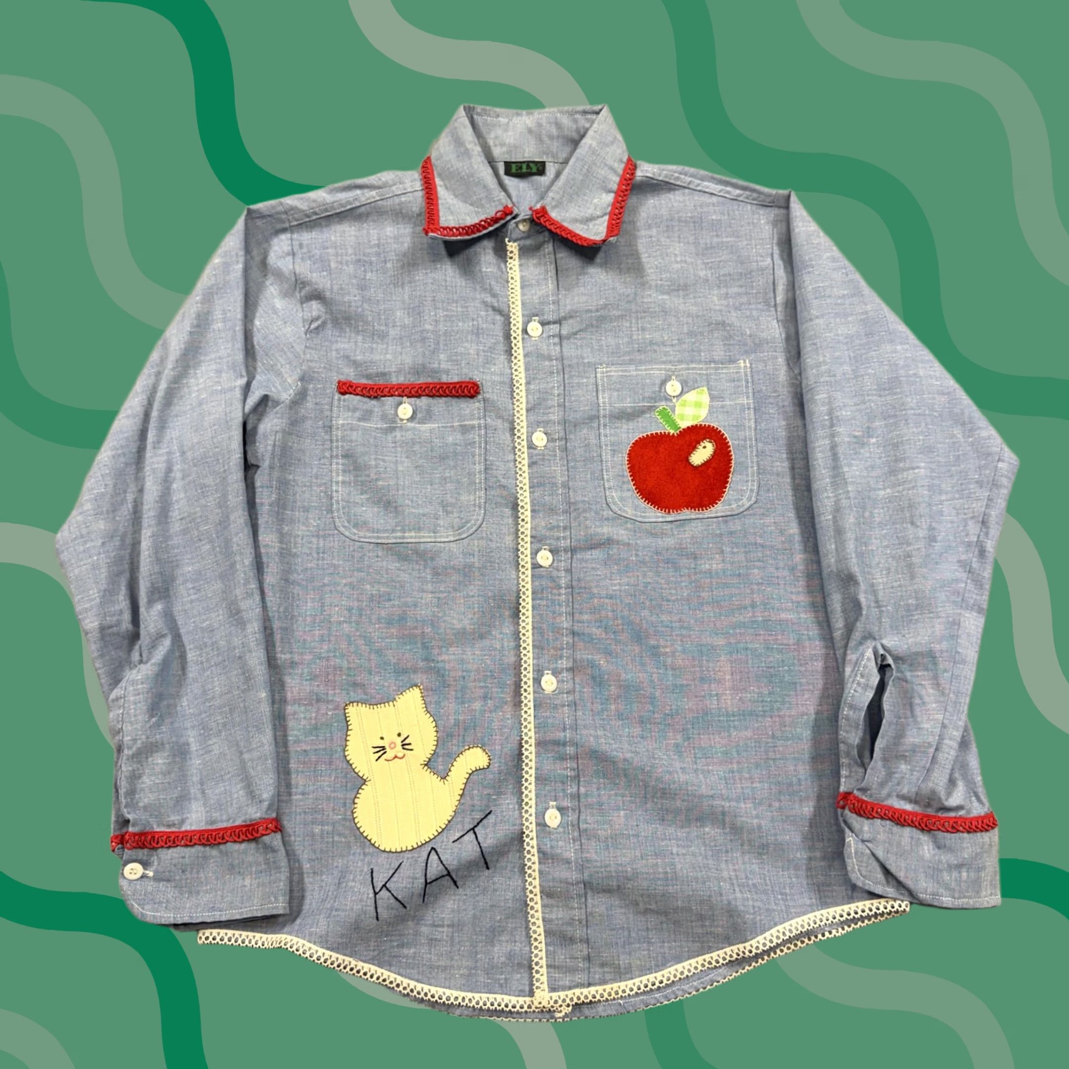 Apple Vintage ELY Shirt Mens M Blue Chambray Teacher Cat Applique 70s Button-Up Long Sleeve Size US M / EU 48-50 / 2 - 1 Thumbnail