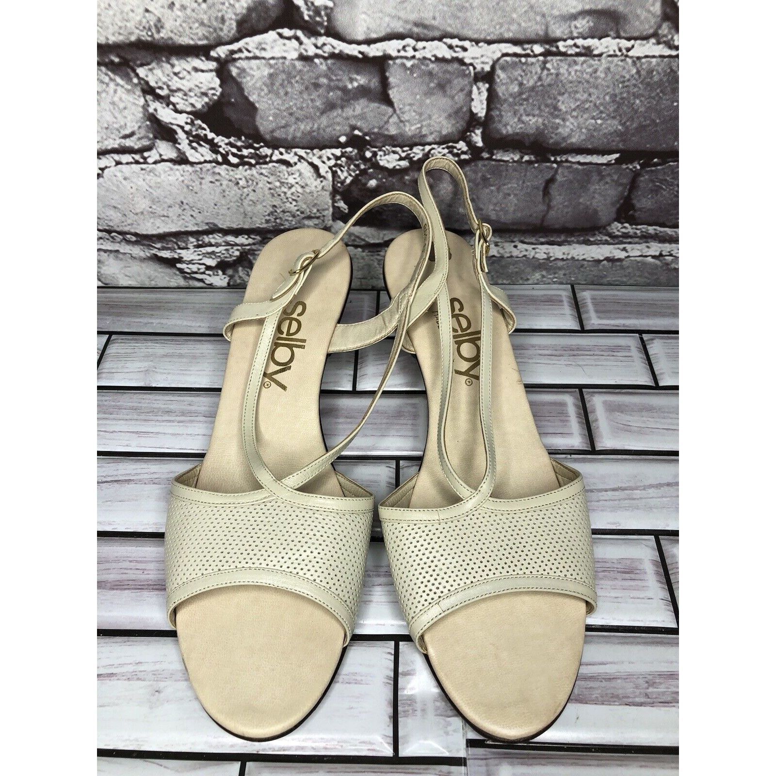 Other Selby Ivory Leather Perforated Peep Toe Heel Strap Sandals W Size US 8.5 / IT 38.5 - 2 Thumbnail