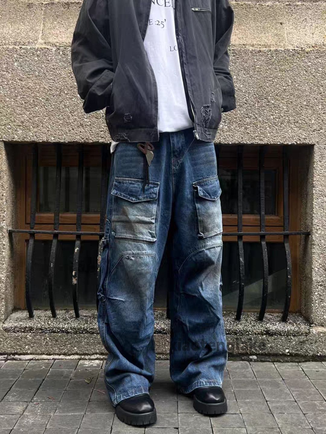 Jean × Vintage Washed faded loose baggy stain paint cargo jeans Size US 32 / EU 48 - 1 Thumbnail