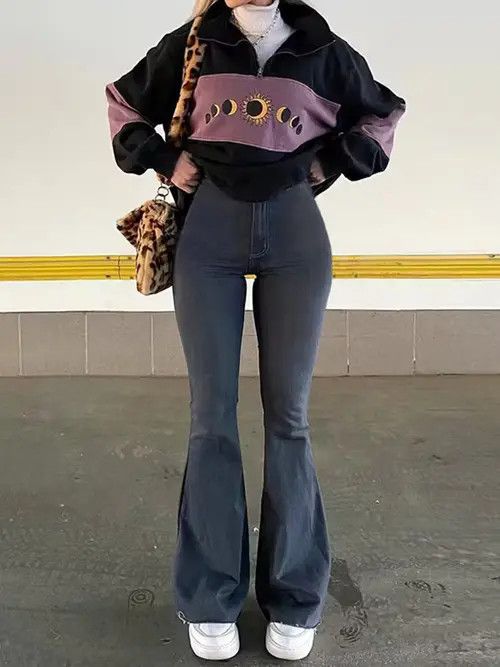 Flare Wide Leg Jeans Women Elastic High Waist Skinny