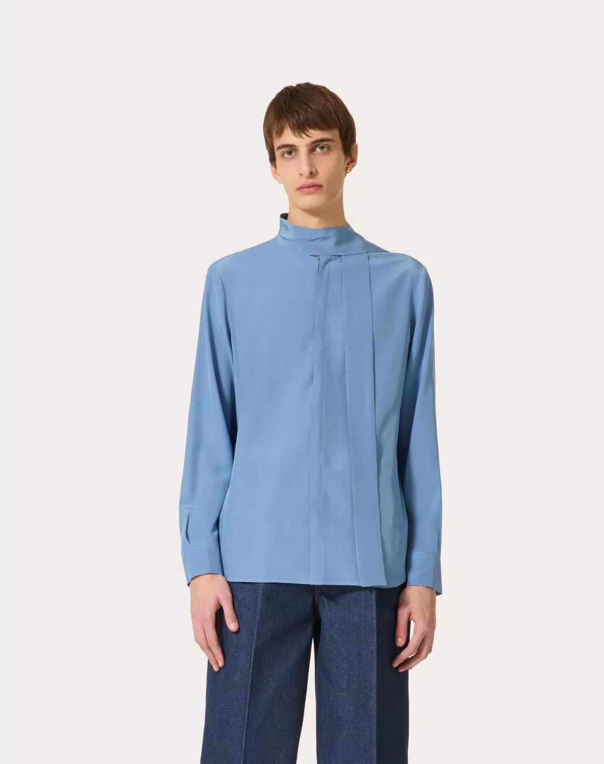 Valentino oc11z0625 Washed Silk Shirt With Neck Tie in Sky Blue Size US S / EU 44-46 / 1 - 4 Thumbnail