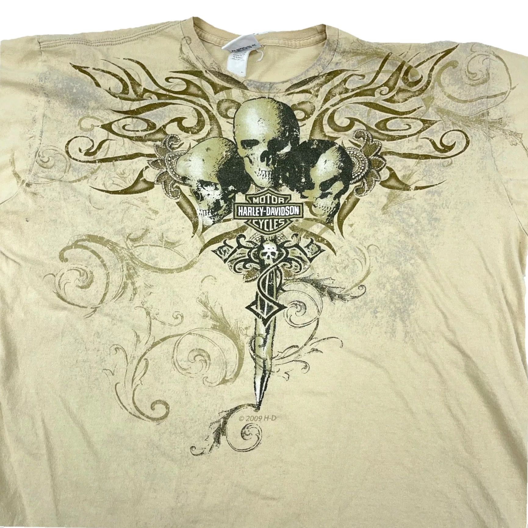 Harley Davidson VINTAGE Harley-Davidson Shirt XL Beige Graphic Tee Skull Tattoo Cyberpunk 2000s Mens Size US XL / EU 56 / 4 - 3 Thumbnail
