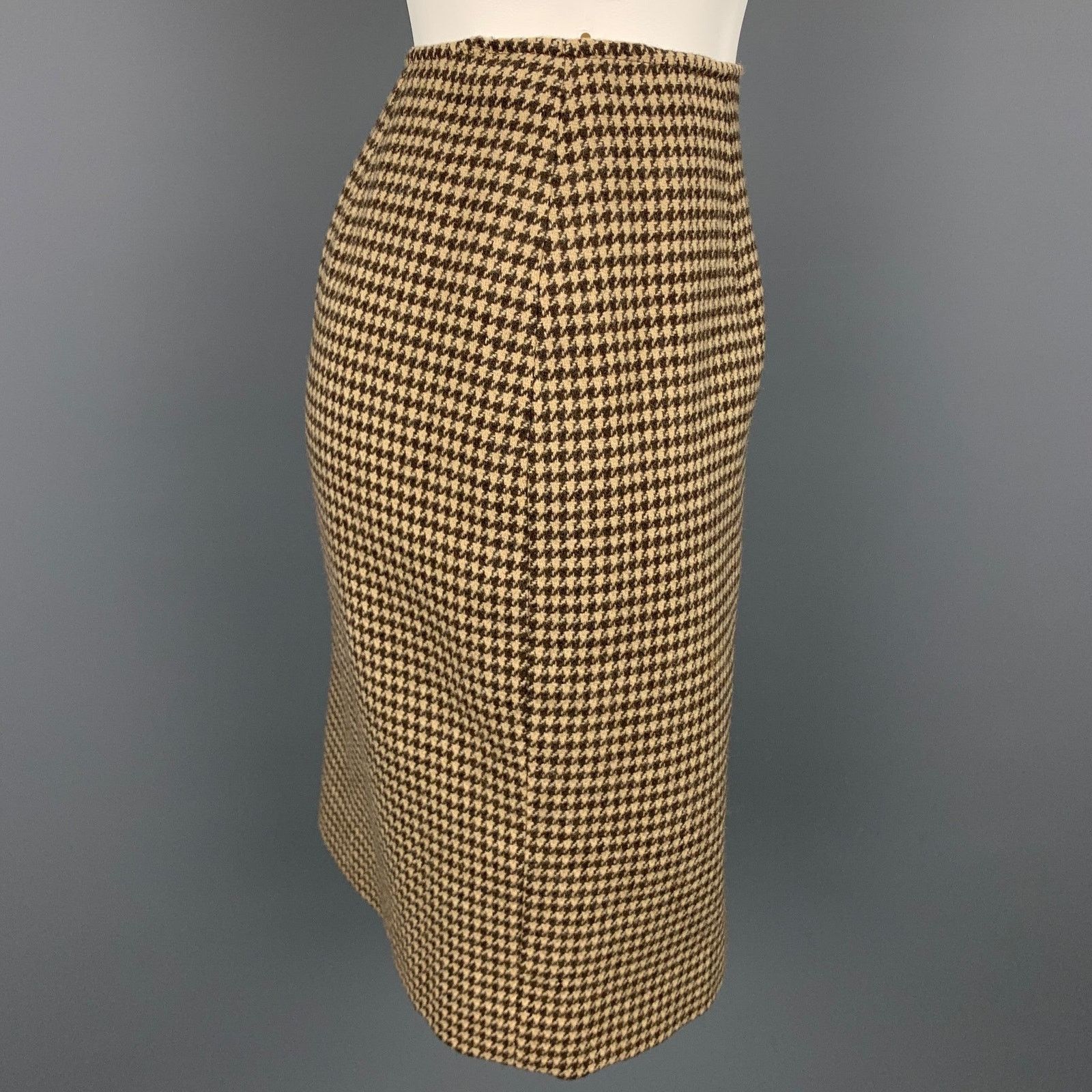 Ralph Lauren 8 Brown & Beige Houndstooth Wool Pencil Skirt Size 30" / US 8 / IT 44 - 2 Thumbnail