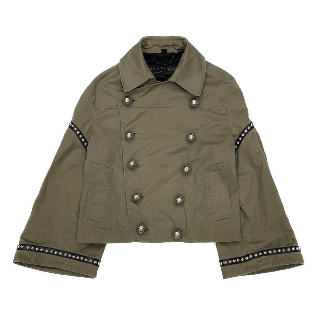 image of Burberry Double Breasted Studded Military Jacket in Green, Women's (Size Small)