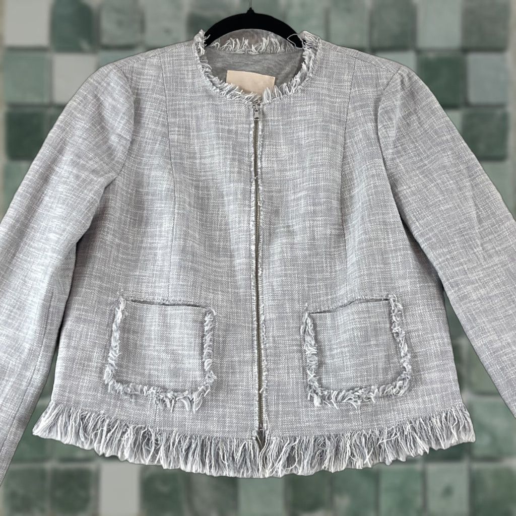 Rebecca Taylor Rebecca Taylor Slub Suiting Jacket Womens Size 4 Gray Fringe Hem Full Zip LS Jacket Size S / US 4 / IT 40 - 1 Thumbnail
