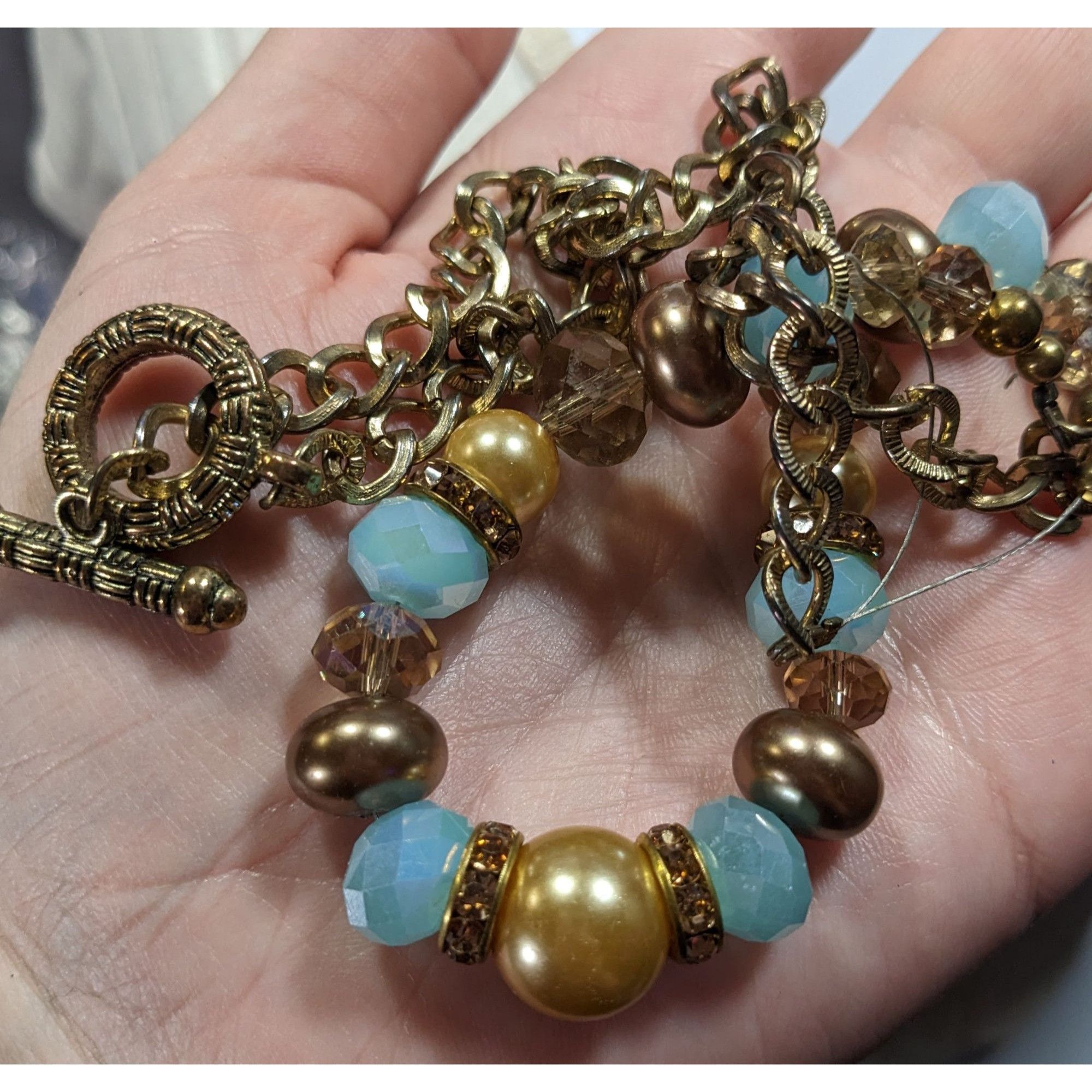 Other Handmade Glam Glass And Faux Pearl Beaded Blue And Gold Tone Size ONE SIZE - 3 Thumbnail