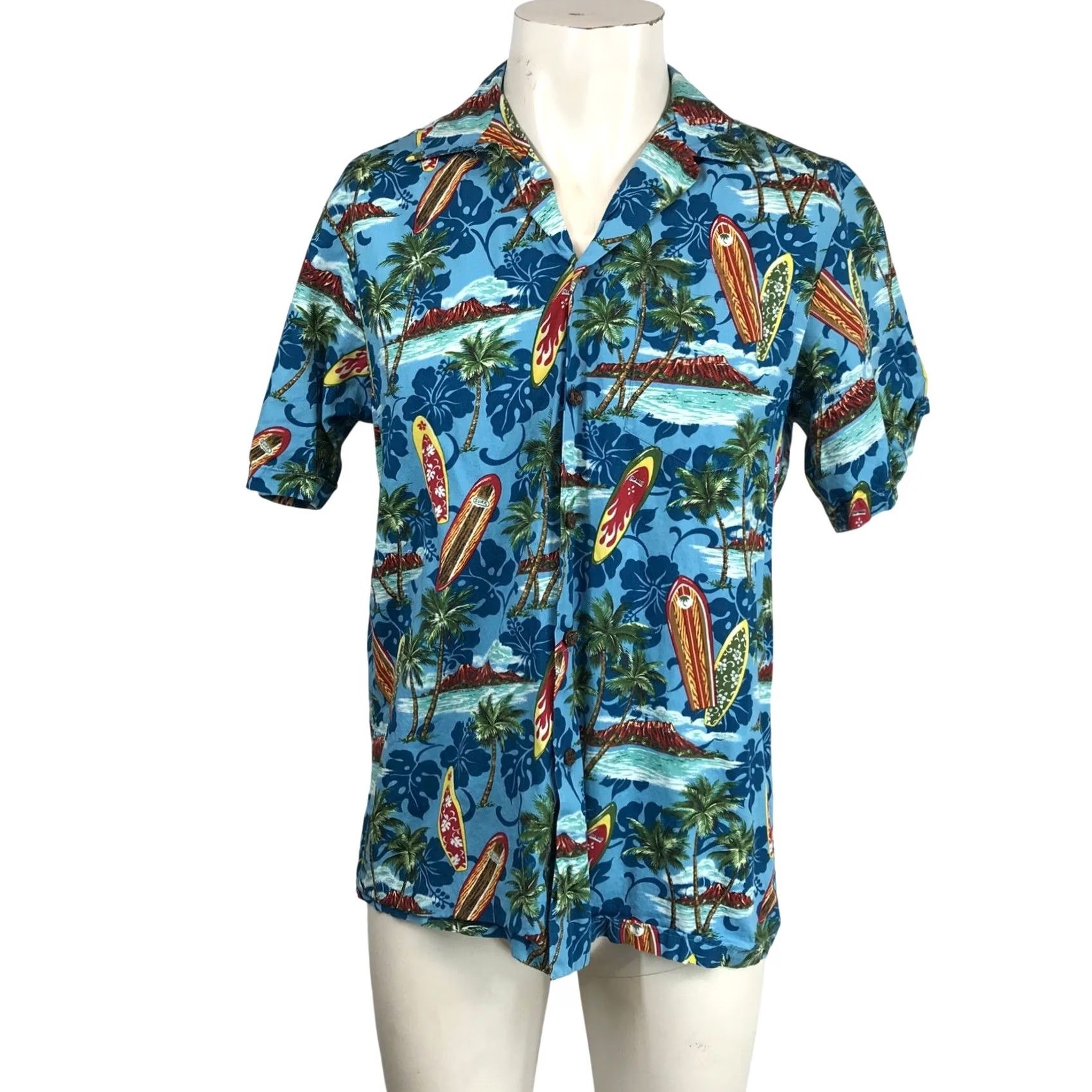 Vintage RJC Hawaiian Surfboard Palm Tree Print Button Up Shirt Men's M Blue Size US M / EU 48-50 / 2 - 2 Thumbnail