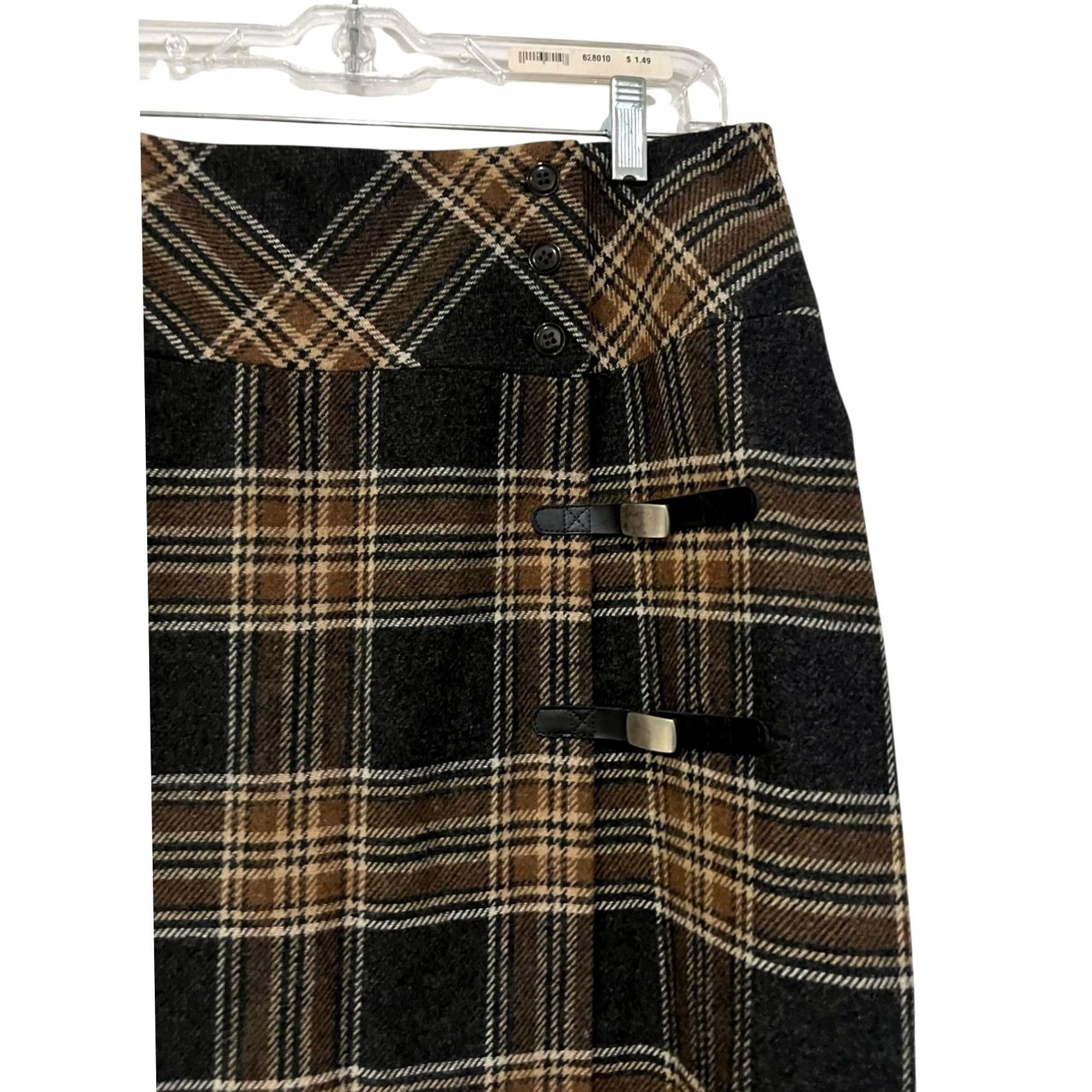 Vintage VINTAGE David N. Plaid Wool Blend Midi Wrap Skirt Buckle Fringe Size 10 Women’s, 90s Academia, Fall/Winter, Button Closure, Brown Size 32" / US 10 / IT 46 - 2 Thumbnail