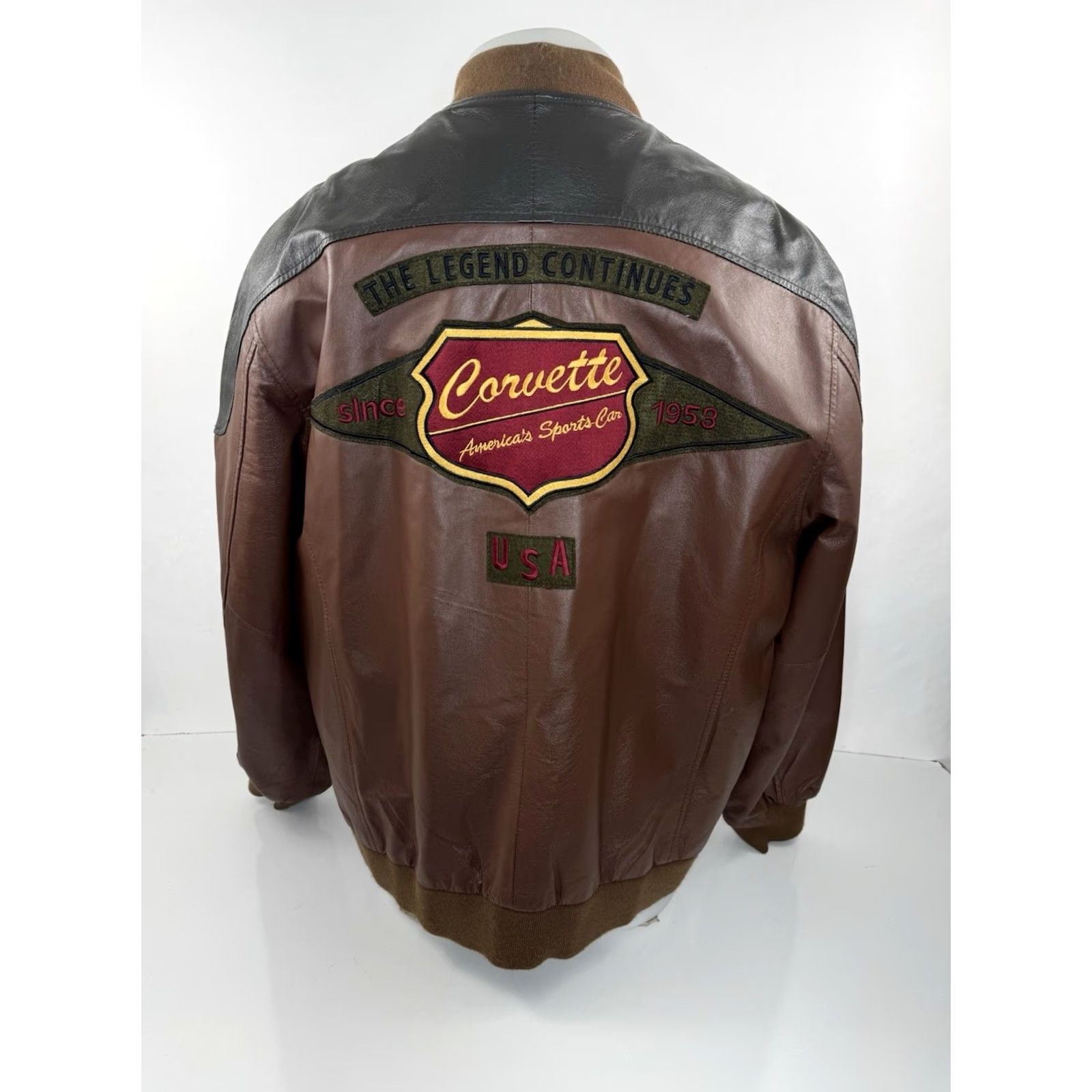 Vintage CORVETTE - The Legend Continues LEATHER Mens XL TALL Bomber Jacket Shirt Jacket Mens XL Brown Leather Bomber Jacket 80s 90s Vintage Mens Size US XL / EU 56 / 4 - 3 Thumbnail