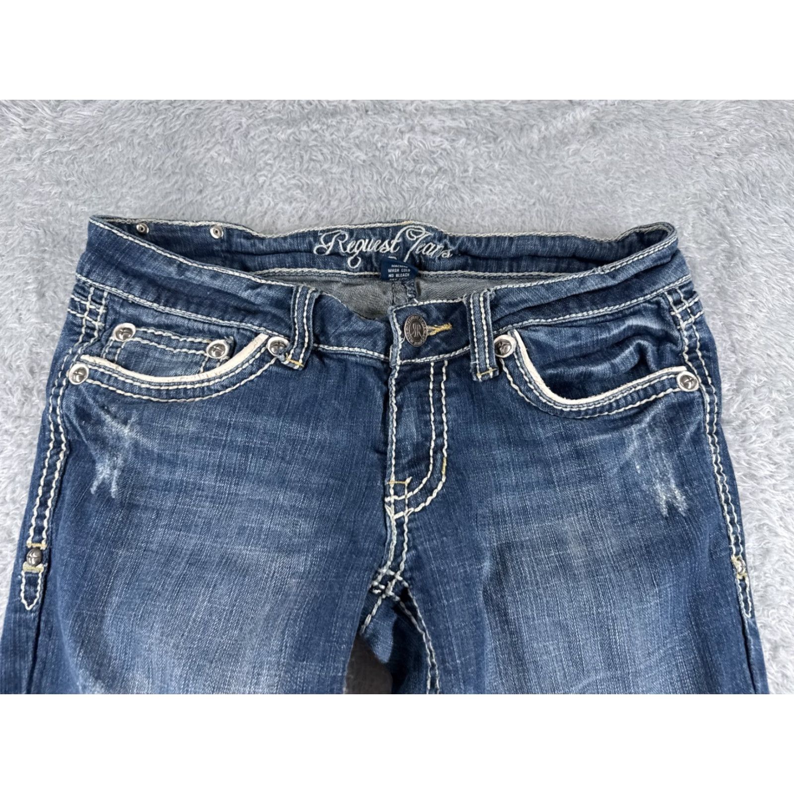 Vintage Request Jeans Pants Womens 11 Blue Denim Flared Distressed Embroidered 29x31 Size 32" / US 10 / IT 46 - 4 Thumbnail