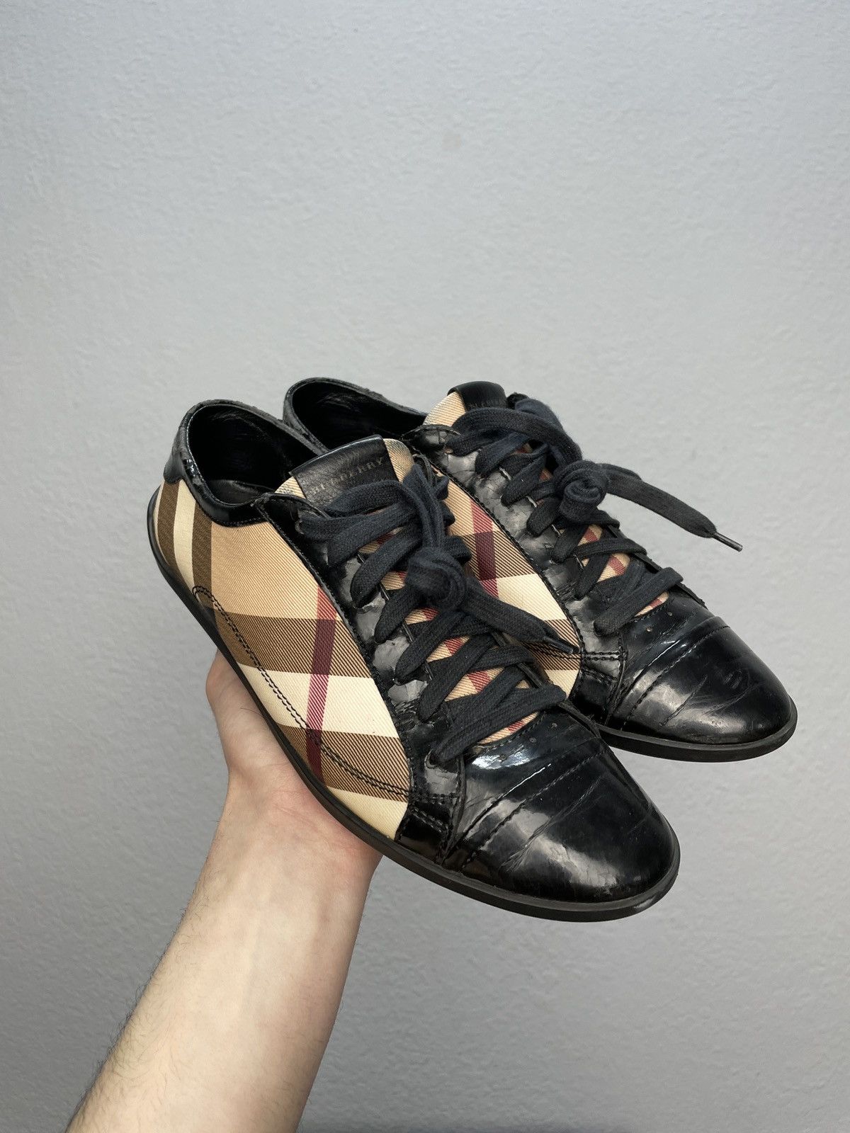 Y2K Burberry Nova Check Leather Sneakers Shoes in Black, Women's (Size 8)